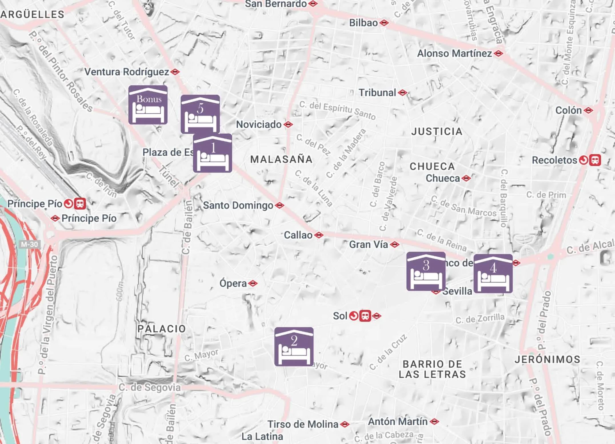 Map of 5 Best Luxury and Boutique Hotels in Central Madrid by The Luxury Travelers