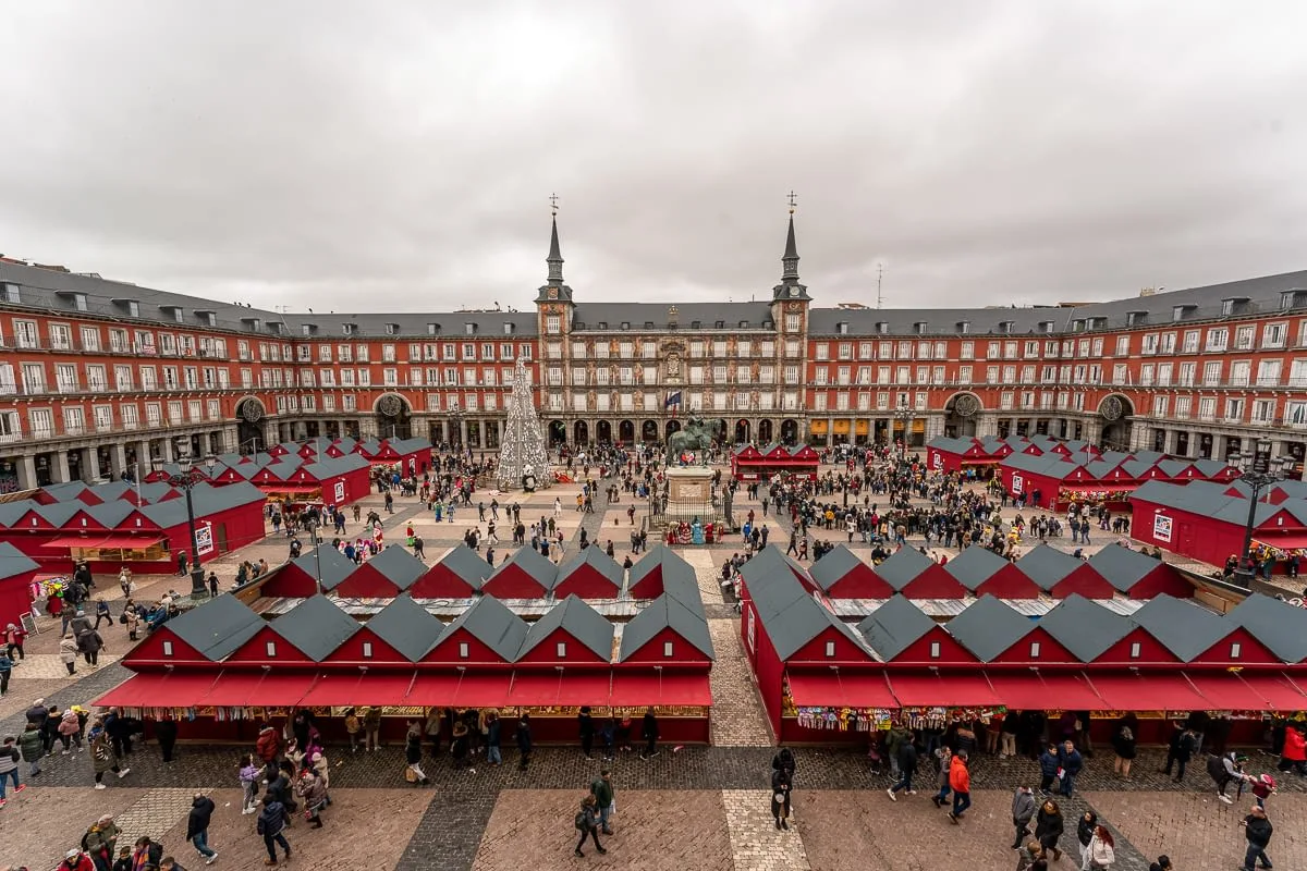 View of Plaza Mayor Christmas Market, from Superior Plaza Mayor Room, Pestana Plaza Mayor - best luxury and boutique hotels in central Madrid